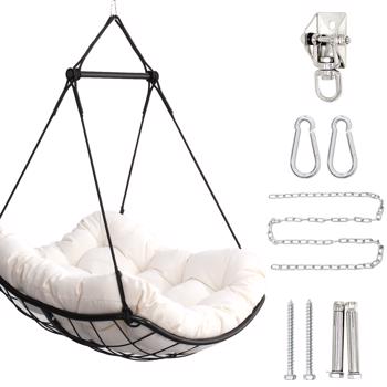 Hammock Chair Swing with Cushion - Outdoor Indoor Hanging Hammock Chair for Patio, Porch, Bedroom, Garden, Courtyard, Balcony - Sturdy Steel Bar with Anti-Slip Safety Rings, white