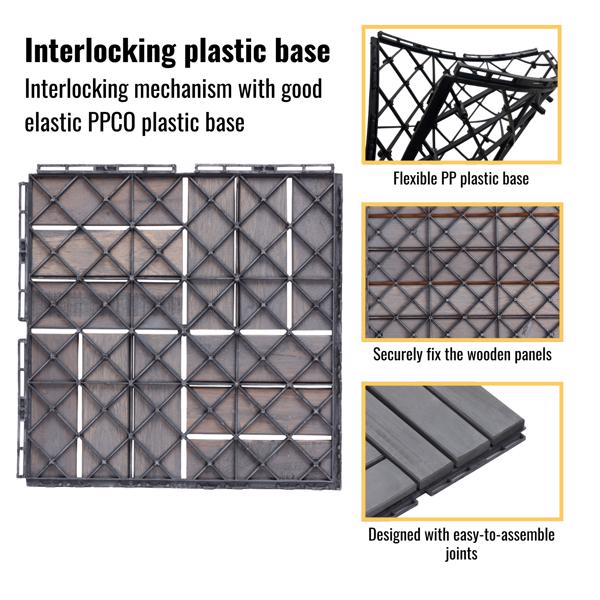 30 块棋盘格图案互锁甲板瓷砖，12 英寸 x 12 英寸方形浅灰色相思木硬木户外地板，适用于露台、阳台、泳池边-18