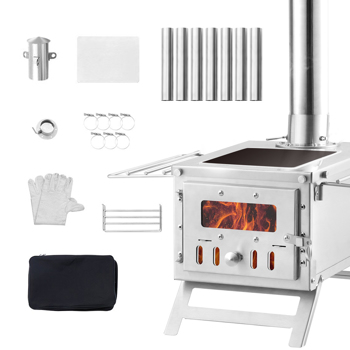 80 Inch Portable Wood Burning Stove, Stainless Steel with 700in³ Firebox, Includes Chimney Pipes & Gloves, Ideal for Outdoor Cooking and Heating in Tents, 8 Pipes Included