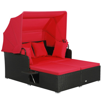 Red <b style=\\'color:red\\'>Rattan</b> Daybed Lounge W/ Retractable Top Canopy Side Tables Cushions 