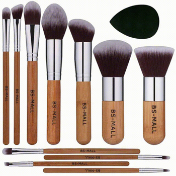 11Pcs Bamboo Makeup Brush Set, Synthetic Kabuki Makeup Brush Set with Storage Bag and Makeup Sponge(USPS shipment)