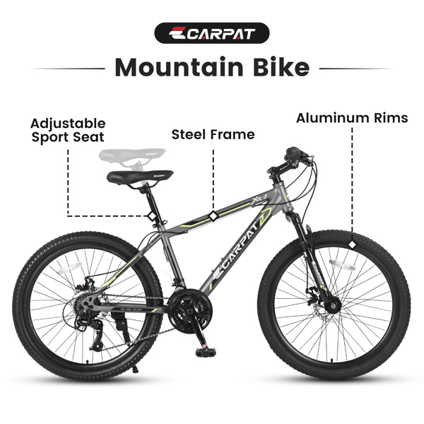 24 英寸山地自行车，男孩女孩适用，钢架，Shimano 21 速山地自行车，带双碟刹和前悬架-3