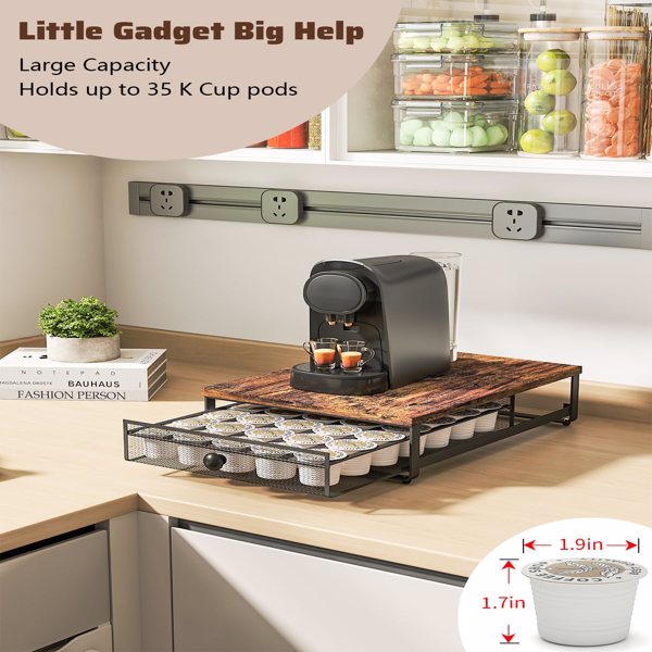 K Cup Organizer, Coffee Pod Holder Rack, Under Cabinet Pod Holder with Sliding Drawer holds up to 35 K-Cup Pods, No Assembly Needed, Rustic Brown