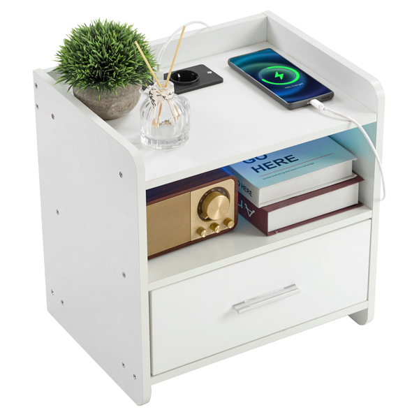 39*29*41cmcm Particleboard Pasted Triamine Single Drawer With Socket With LED Light Bedside Table White