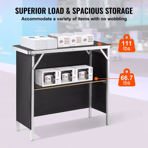 Folding Portable Bar Table with Carrying Case, Storage Shelf, and Black Skirt, 38.39