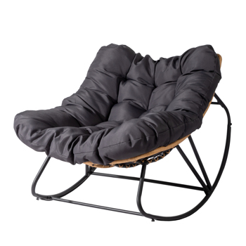 Oversized <b style=\\'color:red\\'>Rattan</b> Papasan Chair, Outdoor Steel Wicker Rocking Seating with Thick Padded Cushion
