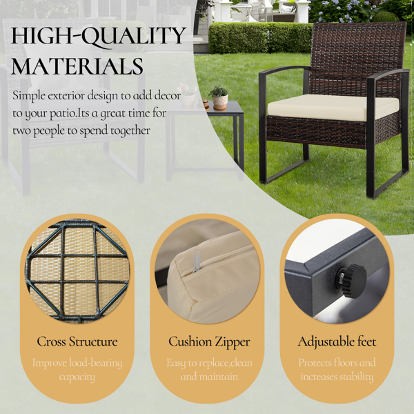 3 件套户外 PE 柳条家具套装，露台棕色藤条组合沙发，带可洗靠垫-8