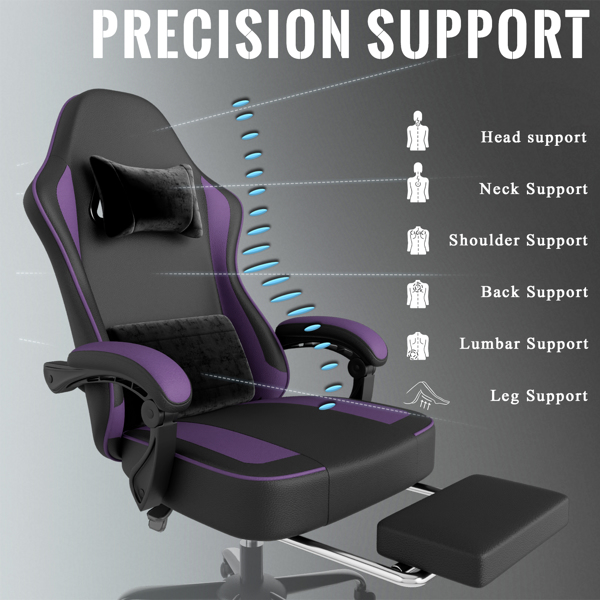 游戏椅，带袋装弹簧坐垫和脚踏，符合人体工学的成人电脑椅，透气 PU 皮革游戏椅，可调节头枕和腰部支撑办公桌椅（TEMU仅限自提）-7