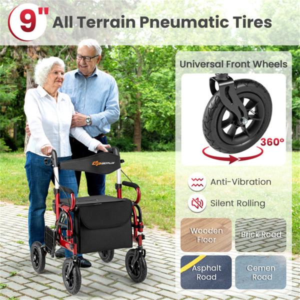 New 2-in-1 Foldable Rollator Walker with 9 Inch Pneumatic Tires 
