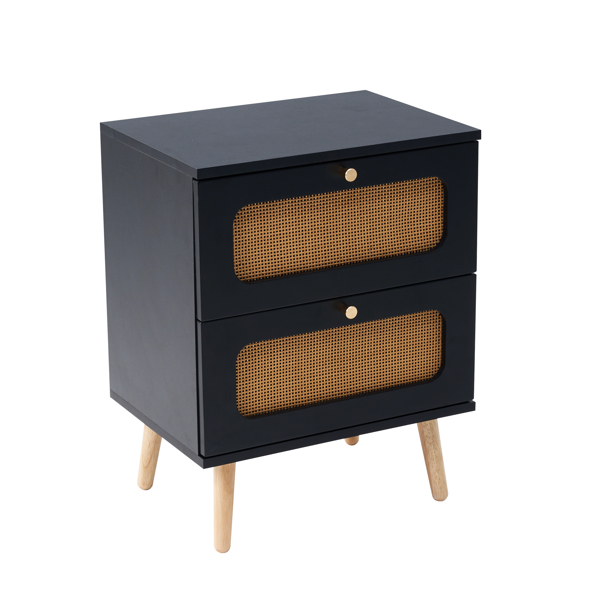 2-drawer Rattan Nightstand for Bedroom and Living Room, End Table, Side Table with 2 Hand Made Rattan Decorated Drawers 