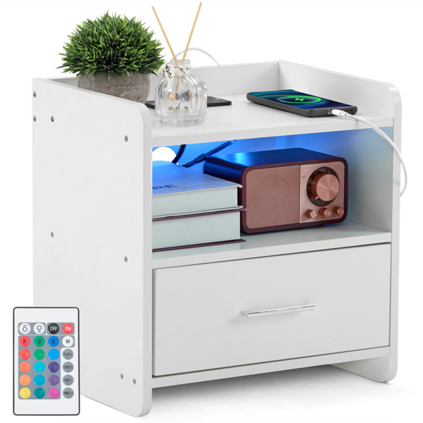 39*29*41cmcm Particleboard Pasted Triamine Single Drawer With Socket With LED Light Bedside Table White