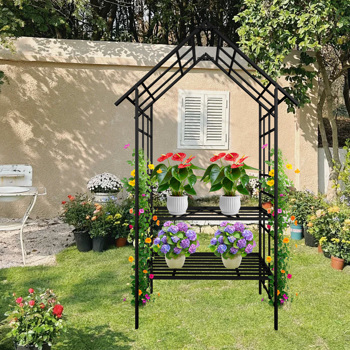 Metal Garden Arch with Bench Turned into Flower Stand W58.07*H97.24 Climbing Plants Support Rose Arch Outdoor Black