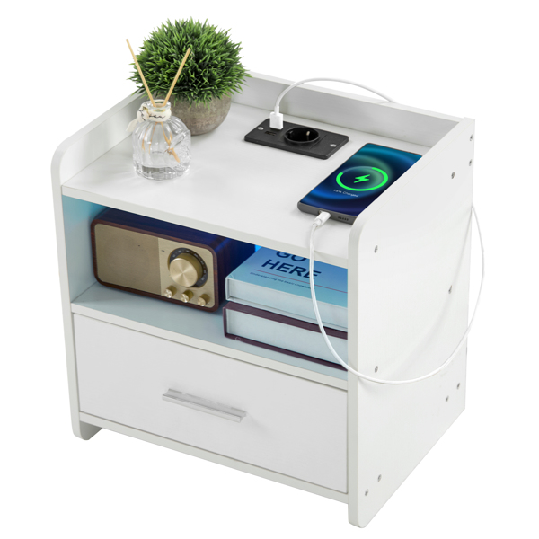 39*29*41cmcm Particleboard Pasted Triamine Single Drawer With Socket With LED Light Bedside Table White