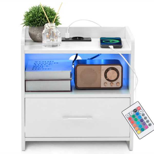 39*29*41cmcm Particleboard Pasted Triamine Single Drawer With Socket With LED Light Bedside Table White