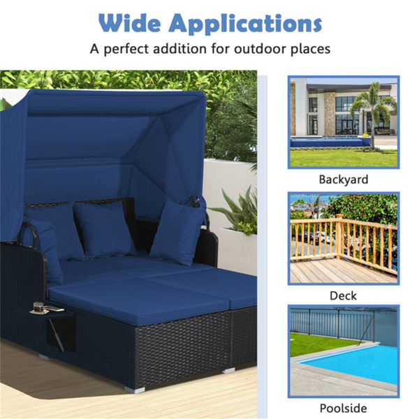 Navy  Rattan Daybed Lounge W/ Retractable Top Canopy Side Tables Cushions 
