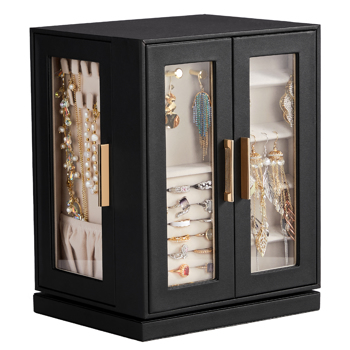 360° Rotating Jewelry <b style=\\'color:red\\'>Box</b> with 5 Drawers - Black Cabinet & Pink Velvet Interior