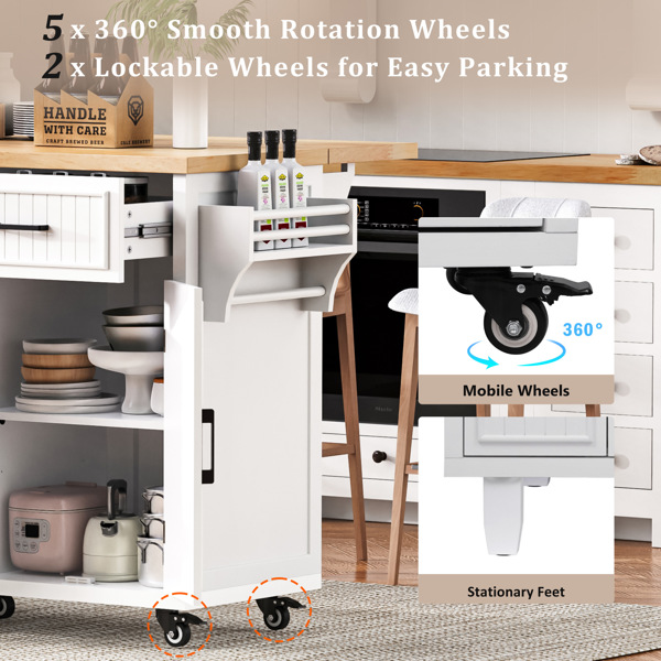 56.5'' Kitchen Island with Drop Leaf, Power Outlet, Embossed Vertical Stripe Rolling Kitchen Cart on Wheels with 4 Doors , 5 Deep Drawers and Adjustable Shelves, for Kitchen, Dining Room, White