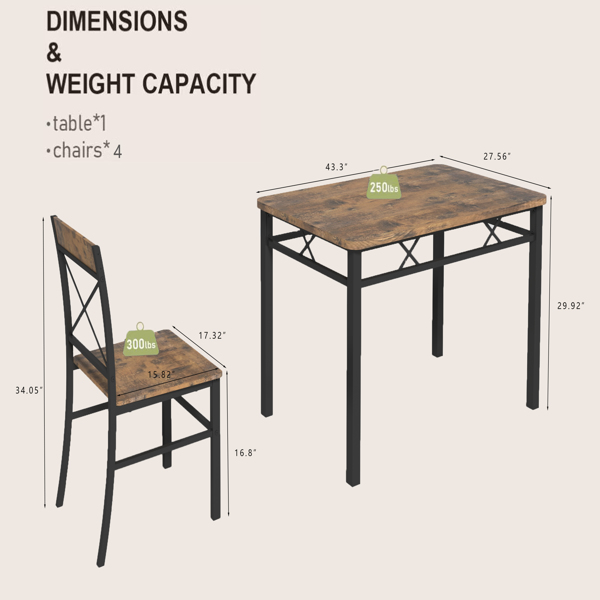 Dining Table Set for 4, Wood Kitchen Table with Chairs Dinning Table Set for Kitchen & Dining Room, Compact Dining Set for Small Spaces, Rustic Brown 
