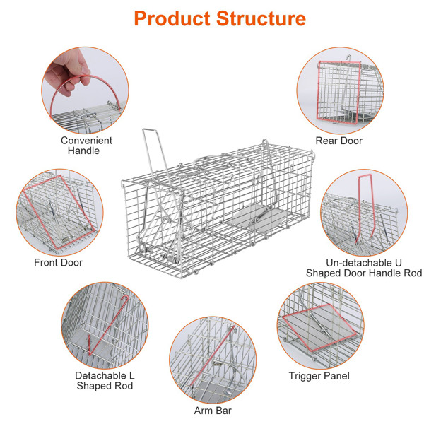 Foldable Rat Trap Cage Humane Live Rodent Trap Cage Galvanized Iron Mice Mouse Control Bait Catch with Detachable L Shaped Rod