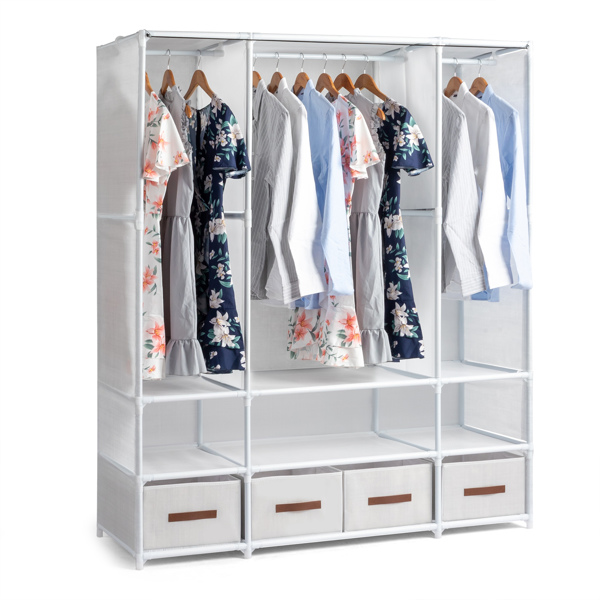 3-Tier Hanging Wardrobe with Storage Boxes & Curtains – Non-Woven Fabric Closet (144*45*166.5cm, White)