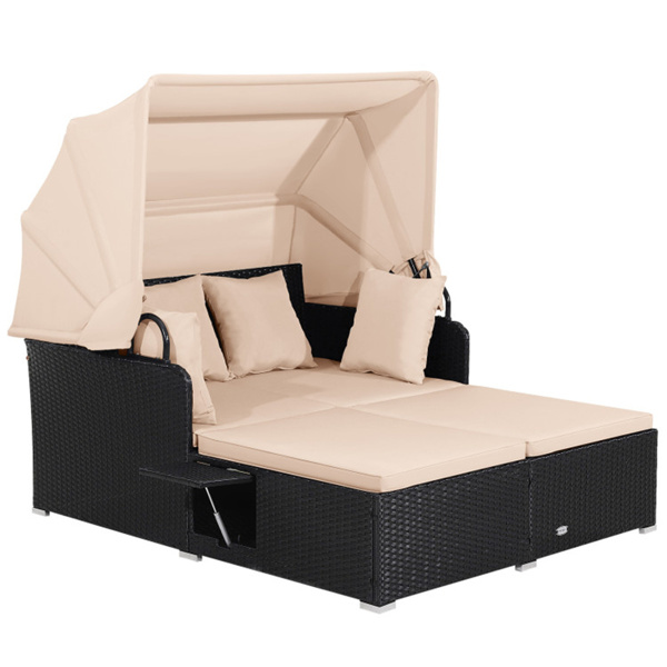 Beige  Rattan Daybed Lounge W/ Retractable Top Canopy Side Tables Cushions 