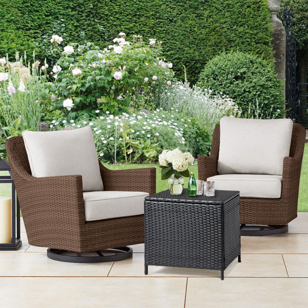 Outdoor PE Wicker Side Table with Storage, Patio Rattan End Table Square Container for Furniture Covers, Toys and Gardening Tools, Black