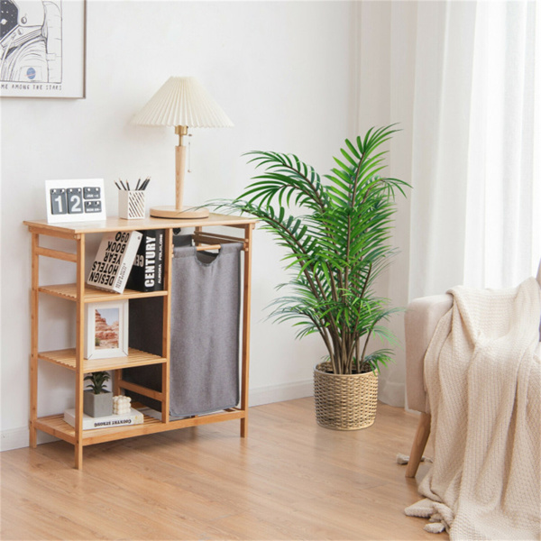 Bamboo Laundry Hamper Stand with 3-Tier Open Shelves