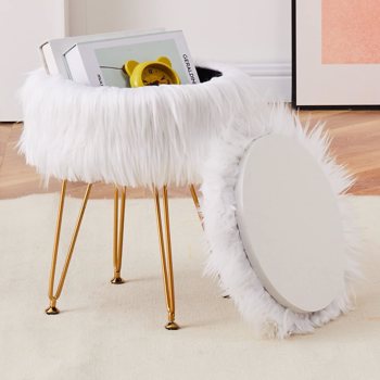 Faux Fur Storage Ottoman – Round Furry Vanity Stool with Marble Tray, Compact Footrest with 4 Metal Legs, Soft Makeup Seat & Coffee Table for Bedroom or Living Room White (TEMU仅可自提)