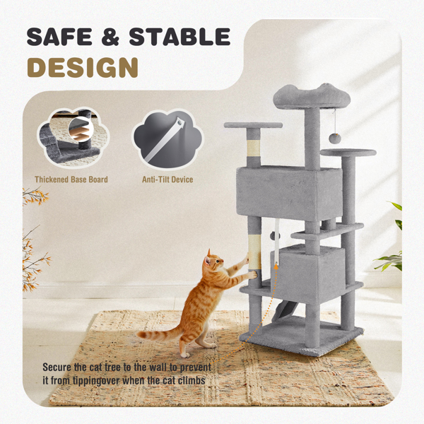 54in Cat tree, indoor cat high-rise multi-story tower, pet playroom with large apartment 