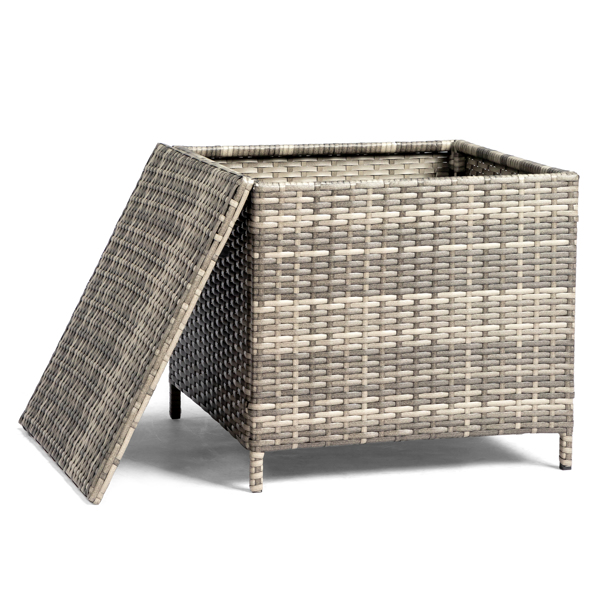 Outdoor PE Wicker Side Table with Storage, Patio Rattan End Table Square Container for Furniture Covers, Toys and Gardening Tools, Grey 