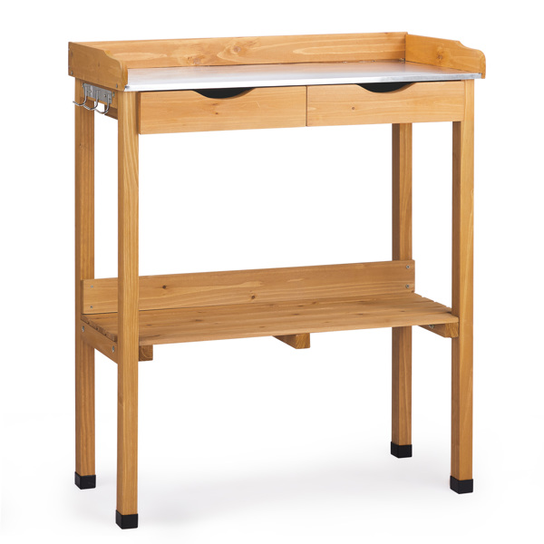 76*37*92.5CM 橘黄色 杉木 2层置物架带2个抽屉 3个侧挂钩 园艺操作台-4