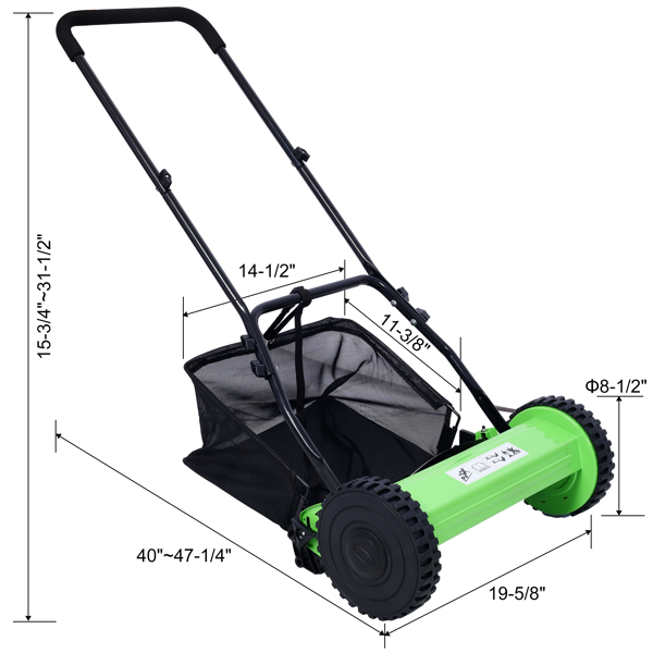 14-Inch 5-Blade Push Reel Lawn Mower with Grass Catcher, GREEN COLOR 