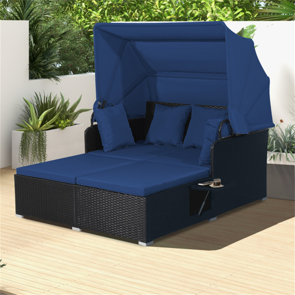 Navy  Rattan Daybed Lounge W/ Retractable Top Canopy Side Tables Cushions 