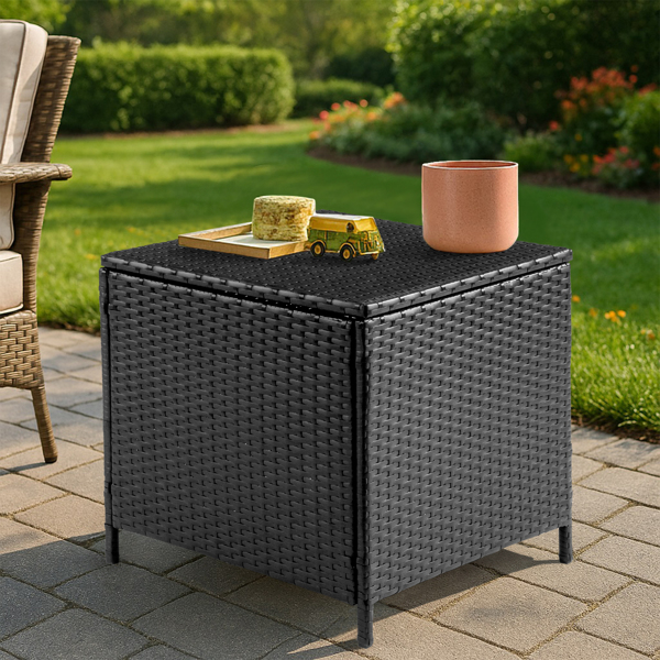 Outdoor PE Wicker Side Table with Storage, Patio Rattan End Table Square Container for Furniture Covers, Toys and Gardening Tools, Black