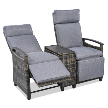 Patio Recliner Loveseat Chair, Adjustable Backrest Wicker Outdoor Lounge Chair Set with Acacia Wood Armrests and Built-in Storage Table for Balcony, Porch, Lawn, Gray