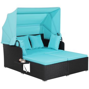 Turquoise <b style=\\'color:red\\'>Rattan</b> Daybed Lounge W/ Retractable Top Canopy Side Tables Cushions 