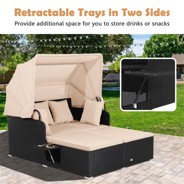 Beige  Rattan Daybed Lounge W/ Retractable Top Canopy Side Tables Cushions 
