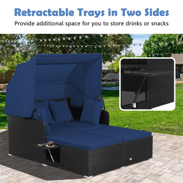 Navy  Rattan Daybed Lounge W/ Retractable Top Canopy Side Tables Cushions 