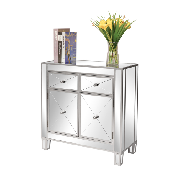 28in MDF With Mirror Surface Two Drawers Two Doors Bedside Table Silver