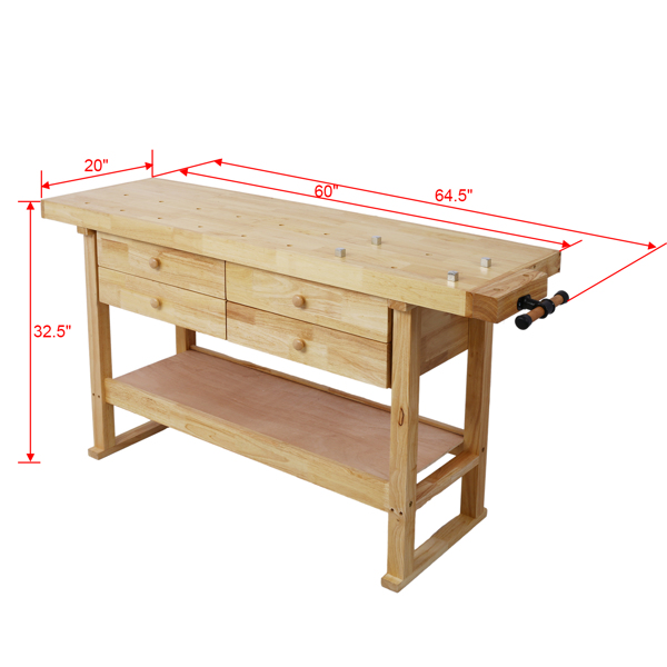 60in Workbench with 4 Drawers Wooden Workbench for Garage Workshop and Home, with Rapid Action Woodworking Vise 7 Inch Jaw Width Made with Heavy-Duty Cast Iron ,GRAY 