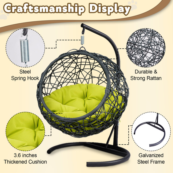Cat Swing Bed with Stand & Cushion, Cat Egg Chair with Rattan Wicker Appearance, Indoor Hanging Swinging Cat Bed for Cats, Small Dogs, and Small Animals, Green