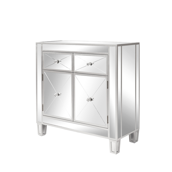 28in MDF With Mirror Surface Two Drawers Two Doors Bedside Table Silver