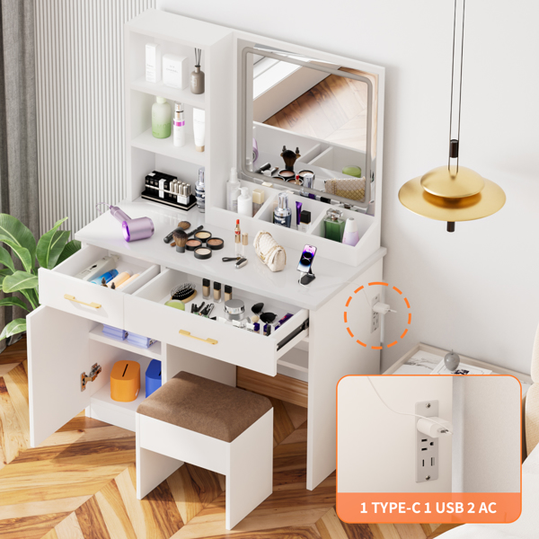 32'' Wide Makeup Vanity Desk with Lighted Mirror and Power Outlet, Dressing Table with Large Storage Space and Cushioned Stool for Bedroom & Studio