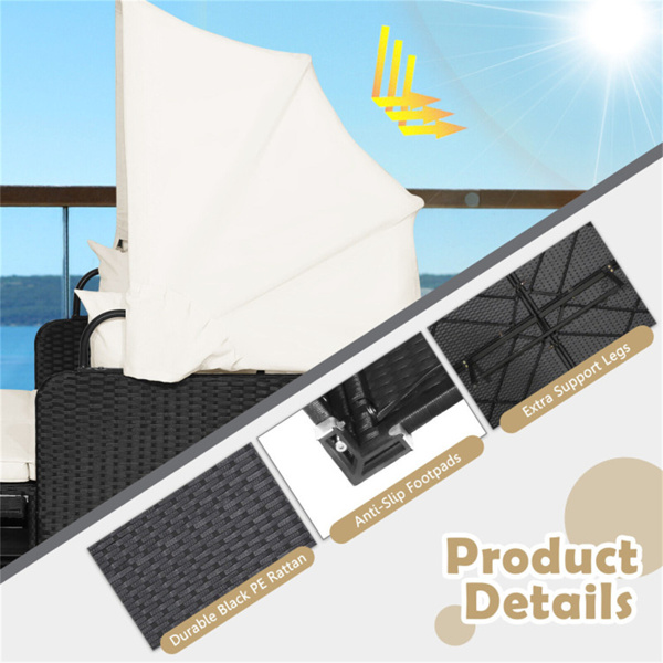 White Rattan Daybed Lounge W/ Retractable Top Canopy Side Tables Cushions 