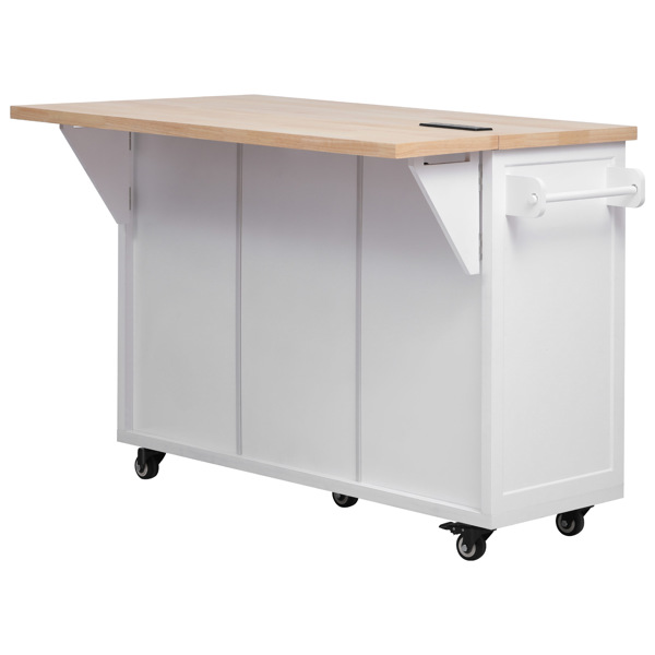 56.5'' Kitchen Island with Drop Leaf, Power Outlet, Embossed Vertical Stripe Rolling Kitchen Cart on Wheels with 4 Doors , 5 Deep Drawers and Adjustable Shelves, for Kitchen, Dining Room, White