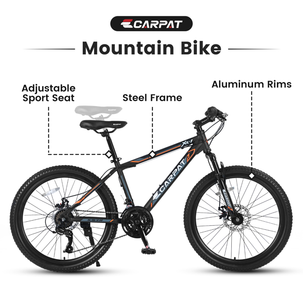 24 英寸山地自行车，男孩女孩适用，钢架，Shimano 21 速山地自行车，带双碟刹和前悬架-2