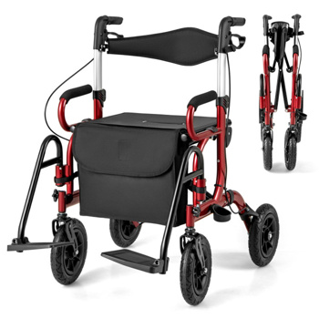 New 2-in-1 Foldable Rollator Walker with 9 Inch Pneumatic Tires 