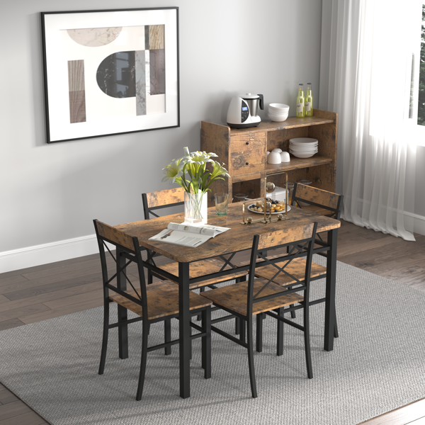 Dining Table Set for 4, Wood Kitchen Table with Chairs Dinning Table Set for Kitchen & Dining Room, Compact Dining Set for Small Spaces, Rustic Brown 