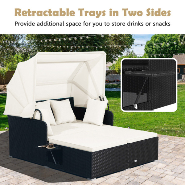 White Rattan Daybed Lounge W/ Retractable Top Canopy Side Tables Cushions 