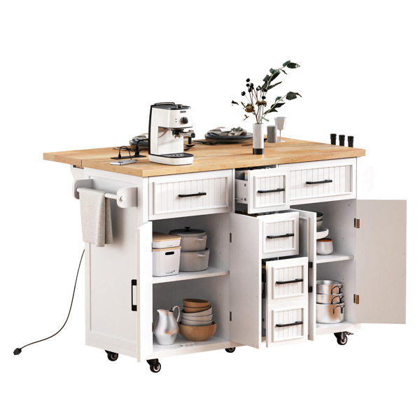 56.5'' Kitchen Island with Drop Leaf, Power Outlet, Embossed Vertical Stripe Rolling Kitchen Cart on Wheels with 4 Doors , 5 Deep Drawers and Adjustable Shelves, for Kitchen, Dining Room, White